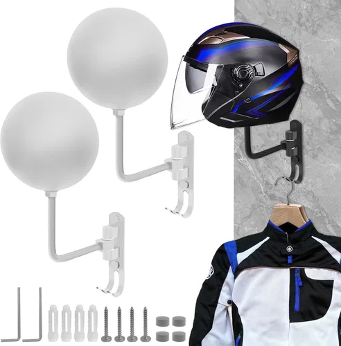 Vista 9 de Soporte para casco de motocicleta, soporte para casco montaje en pared rotación de 180° colgador con 2 ganchos para abrigos, gorras, accesorios
