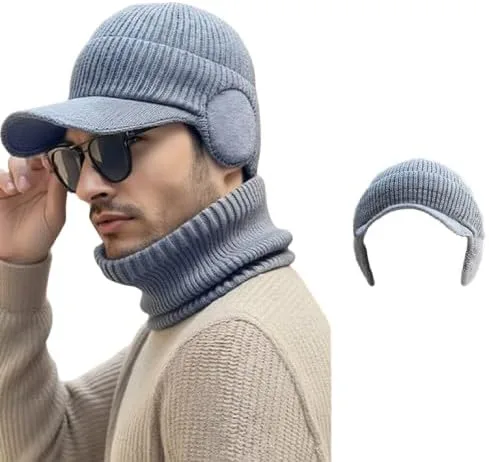 Gorro de punto elástico cálido con protección para los oídos, unisex, acogedor, gorro de invierno con ala y orejeras para hombres y mujeres