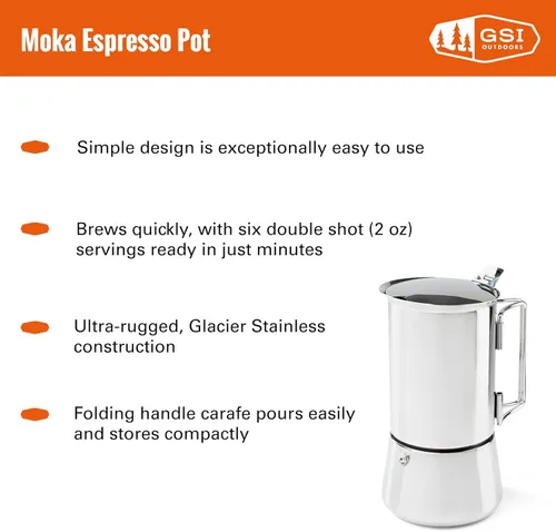 Vista 2 de GSI Outdoors 6 tazas de acero inoxidable Moka para estufa de café expreso para camping, viajes y cabaña