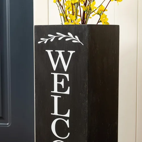 Vista 7 de Glitzhome Letrero de bienvenida de madera de 24 pulgadas de alto, diseño rústico de doble cara en forma de caja con texto en inglés "WELCOME PORCH