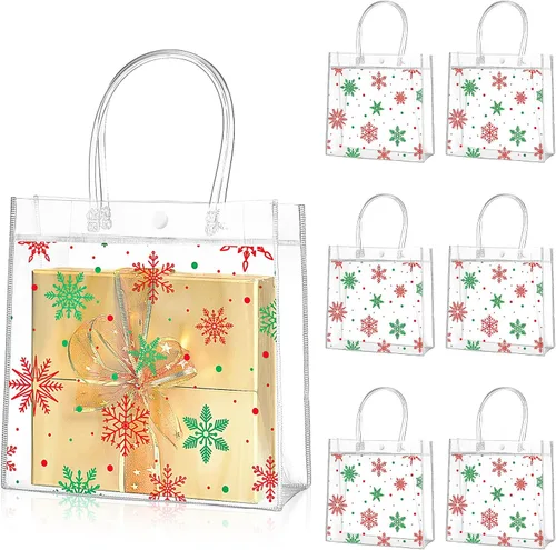 Vista 10 de Cholemy 24 bolsas de regalo de plástico transparente con diseño de copo de nieve de invierno con asas, bolsas de regalo transparentes
