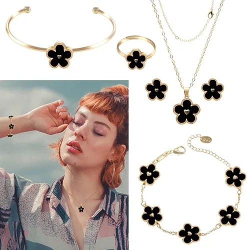 Vista 4 de Niwono Juego de joyas con corazón de flores para mujer, juego de 6 collares con dije, pulsera de eslabones, brazalete, aretes, anillo de cumpleaños