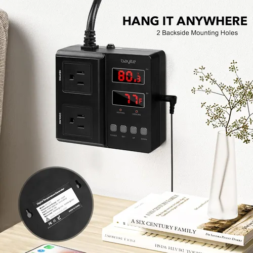 Vista 8 de bayite Controlador de temperatura 1650W 15A BTC211 Enchufe de termostato de salida digital dual, precableado, modo de calefacción y enfriamiento