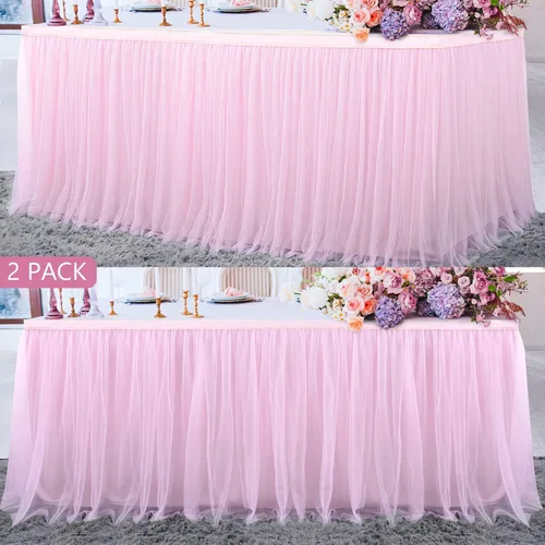 Vista 28 de Suppromo Falda de mesa de tul blanco de 6 pies para mesas rectangulares o mesas redondas, falda de mesa tutú, manteles blancos con volantes