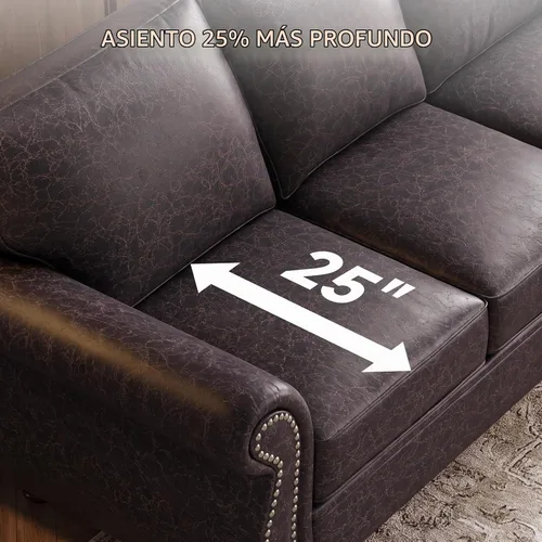 Vista 6 de Juego de sofá con remaches de 88 pulgadas, sofá biplaza moderno con brazo ancho, marco de madera maciza para sala de estar, sofá moderno para Marrón