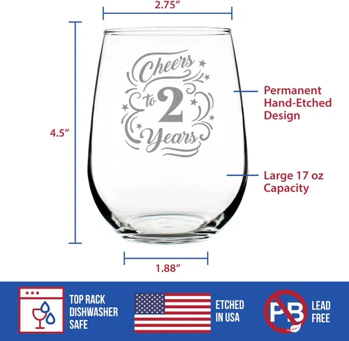 Vista 4 de Custom Cheers to 2 Years - Personalized Stemless Wine Glass Gifts for Women & Men - 2nd Anniversary Party Decor - Large 17 Oz Glasses - Customized