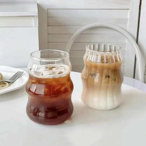 2 vasos de vidrio acanalados, vasos estéticos de 18 onzas para café, bebidas heladas, matcha, cristalería de diseño vintage