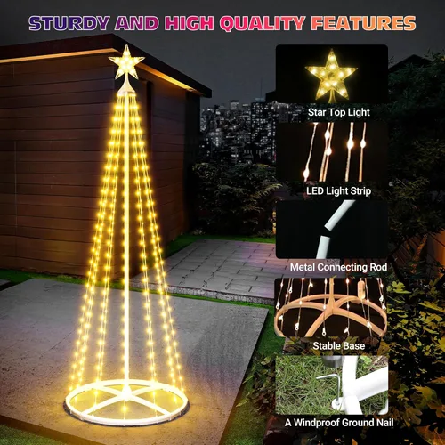 Vista 6 de Árbol de Navidad de Cono Inteligente de 5 pies + 6 pies + 7.5 pies, Luces Preiluminadas Multicolor para Exterior, Sincronización de Música, Control