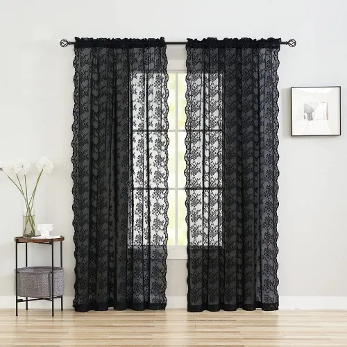 Vista 31 de YJ YANJUN Cortinas traslúcidas negras de 54 pulgadas de largo, panel de cortina de encaje gótico victoriano para cocina, cortinas cortas