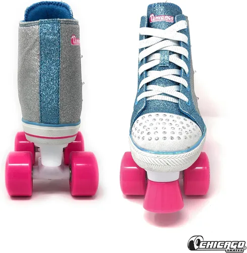 Vista 2 de Chicago Skates Fashion Light Up Quad Roller Skates for Girls – Durable Top Performance Indoor/Outdoor Use,Sparkle Silver & Teal High-Top Boot