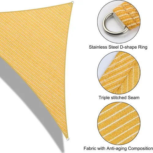 Vista 2 de Toldo triangular de 5 x 5 x 5 pies, toldo de tela con bloqueo UV para patio al aire libre y jardín, 185 GSM, 95% de bloqueo UV, resistente, Amarillo
