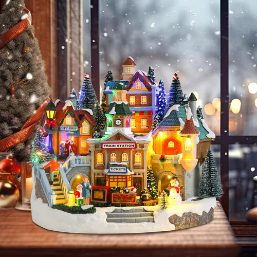 Vista 5 de Casas de Pueblo Navideño de taman - Edificios Coleccionables Musicales con Tren en Movimiento, Luces Cálidas y Adornos para Decoraciones Navideñas