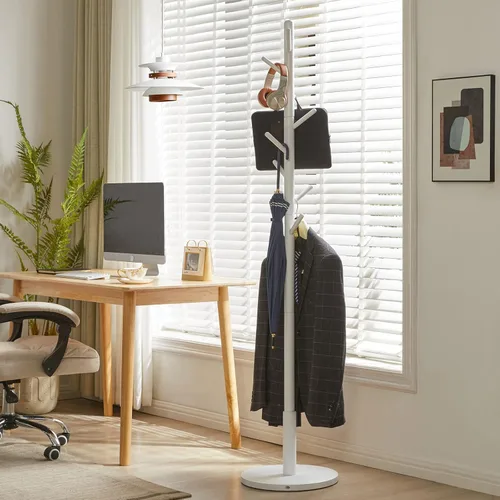 Vista 44 de Perchero independiente, árbol de abrigo con 2 varillas principales y diseño estable, percheros para colgar abrigos, ropa, trajes, chaqueta, fácil