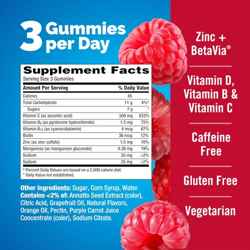 Vista 7 de Emergen-C Immune+ Triple Action Immune Support Gummies, BetaVia (R), 1000mg Vitamin C, B Vitamins, Vitamin D and Antioxidants, Raspberry – 45 Count