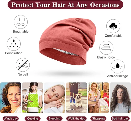 Vista 3 de 4 Pieces Satin Lined Beanie Cap Satin Sleep Lined Hat Slouchy Beanie Hat Night Silk Hair Cap for Women Men