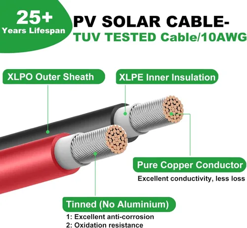Vista 2 de Oududianzi Cable de extensión solar de 10 pies, cable solar de 10 AWG, cable fotovoltaico de cobre estañado de calibre 10, cables y conectores
