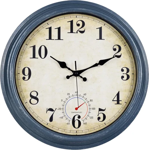 Vista 12 de Relojes para exteriores impermeables con termómetro, reloj de pared costero rústico para patio, piscina, jardín (12 pulgadas, azul)
