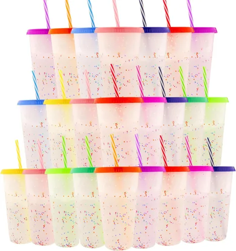 Vista 10 de Vasos que cambian de color, paquete de 5 vasos de plástico de 24 onzas, tazas reutilizables para café helado y batido con tapas y pajitas
