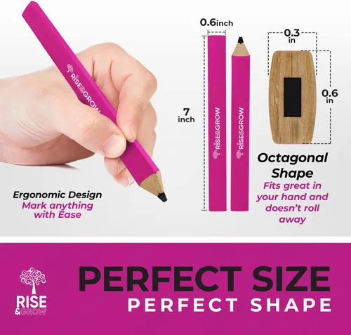 Vista 2 de Rise & Grow Juego de 50, Lápices de Carpintero Rosa Neón - Mina HB de 7", Lápices Planos de Construcción para Hombres, Mujeres - Marcado de Madera