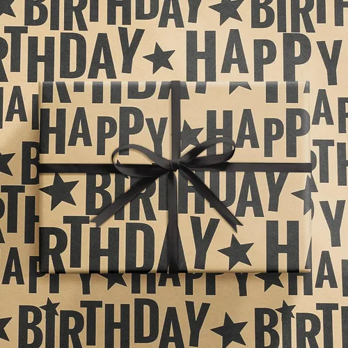 Vista 8 de RUSPEPA Rollo de papel de regalo de cumpleaños, mini rollo, texto de feliz cumpleaños negro en negrita con diseño de estrellas, papel de regalo