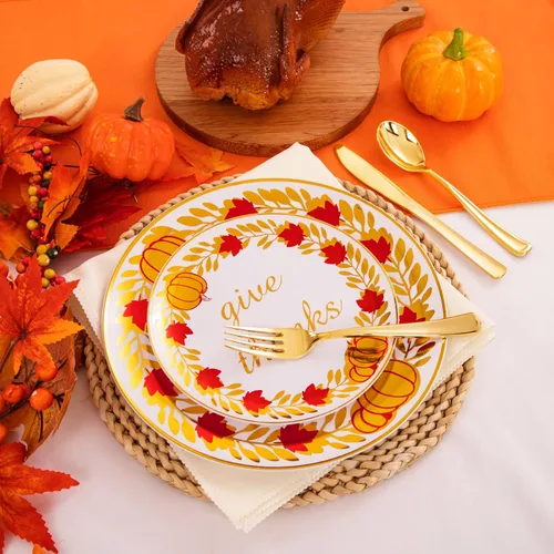 Vista 5 de U-QE 125 platos de plástico de Acción de Gracias con cubiertos de plástico dorado, platos blancos y dorados para 25 invitados, incluyen 25 platos
