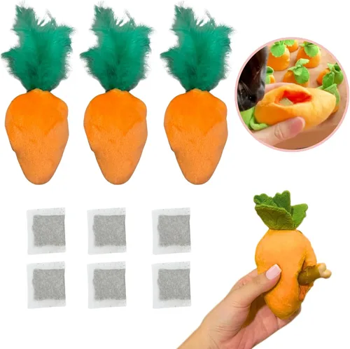 Vista 8 de CECE PAW Juguetes de hierba gatera de zanahoria, juguetes interactivos de plumas para gatos de interior, juguetes de rompecabezas para gatos