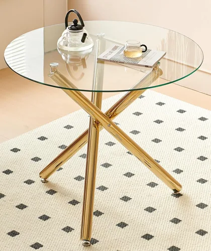 Vista 34 de Mesa de comedor redonda de 36 pulgadas para 4, mesa de comedor de vidrio templado de 0.39 pulgadas, mesa de comedor pequeña con base de acero