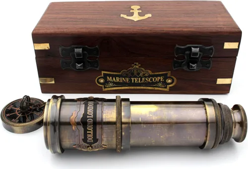 Vista 6 de Telescopio de latón náutico vintage de mano con caja de madera - Telescopio náutico Capitán Spyglass