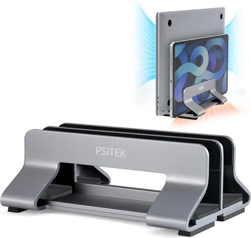 Vista 8 de Soporte vertical de aluminio para computadora portátil, soporte de acoplamiento con ancho de ranura ajustable de 12-42mm, almacenamiento vertical