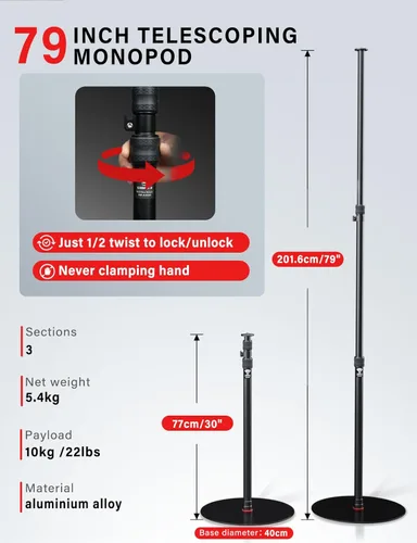 Vista 6 de IFOOTAGE Monopod de base redonda A400, soporte de luz de aluminio de 79 pulgadas, trípode alternativo que ahorra espacio para estudio, transmisión