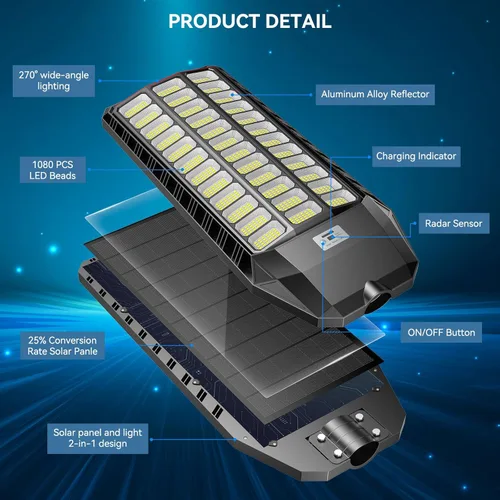 Vista 2 de VOOJOY Luz solar de calle de 12000 W para exteriores, luces solares de grado comercial al aire libre, IP67 impermeable, luces de estacionamiento