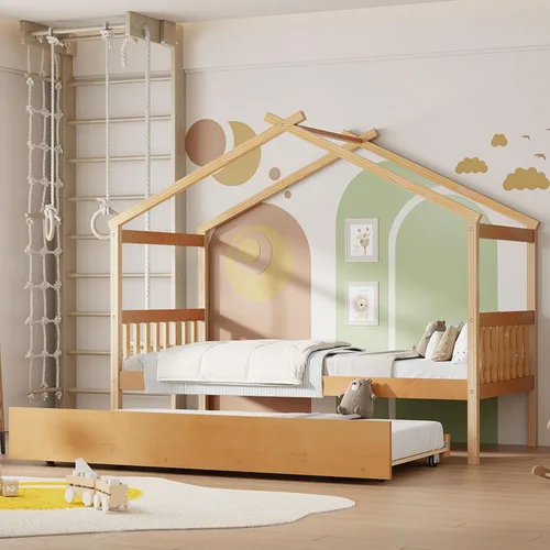Vista 235 de Merax Cama de madera de tamaño individual con dos cajones, marco de cama de madera con techo para niños, adolescentes, niños o niñas, gris