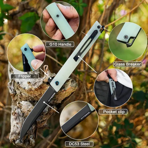Vista 48 de Cuchillo plegable de bolsillo FORESAIL, hoja de acero DC53 y mango G10. Con clip de bolsillo y rompecristales, cuchillo de bolsillo para hombres
