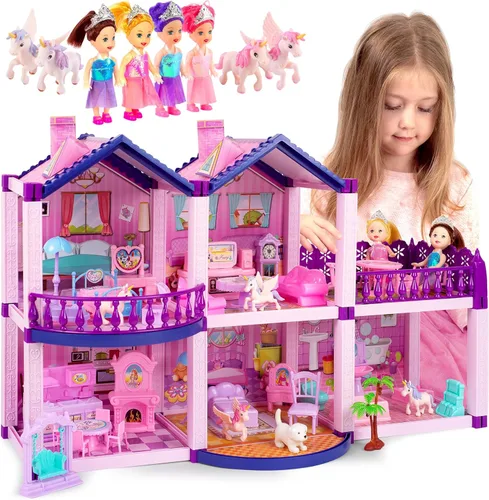 Vista 9 de Casa de muñecas con 2 princesas, 4 unicornios, perro, muebles y accesorios – Casa de muñecas de ensueño rosa y morado juguete para niñas pequeñas