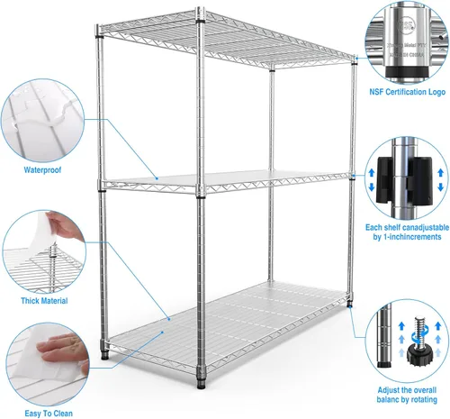Vista 4 de pouseayar Estantería de alambre de metal NSF de 3 niveles, capacidad de 1050 libras, estante de almacenamiento ajustable resistente