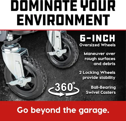 Vista 6 de Powerbuilt Asiento rodante de rueda grande, Serie todoterreno, bandejas de herramientas con bloqueo, ruedas resistentes para grava y rocas - Gris