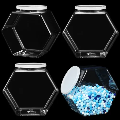 Vista 8 de EBOOT 4 tarros de plástico de 29 onzas para galletas de caramelo para encimera de cocina, tarro hexagonal con tapa, recipientes transparentes