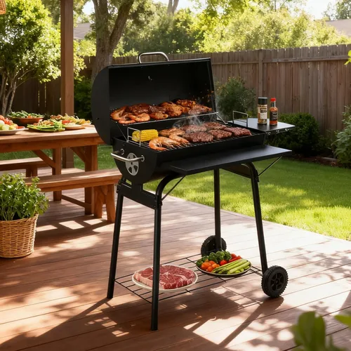 Vista 9 de Outvita - Barbacoa de barril de carbón con rejilla de calentamiento, barbacoa al aire libre con mesa lateral delantera con casi 564 pulgadas
