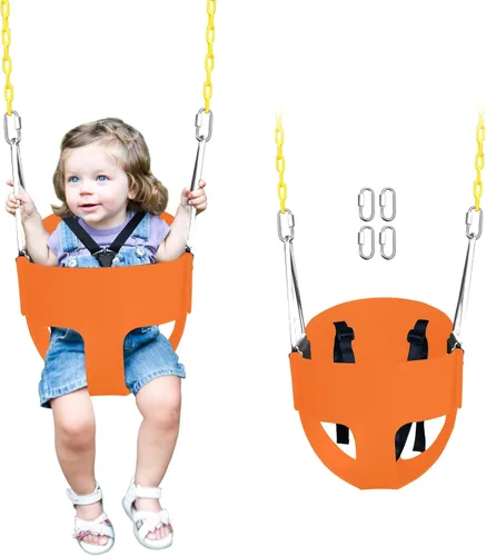 Vista 9 de Asiento de Columpio de Respaldo Alto Tipo Cubeta Completa para Niños Pequeños con Arnés de Seguridad Ajustable de 3 Puntos, Cadena Desmontable de 66
