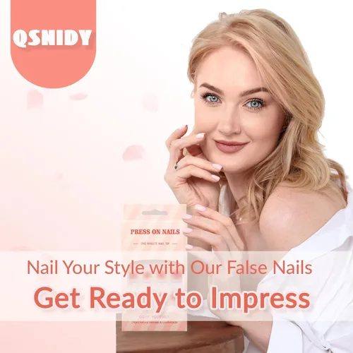 Vista 6 de Qsnidy - Uñas postizas a presión en forma de almendra, uñas falsas marrones y nude francesas de tamaño mediano, uñas acrílicas de cobertura completa