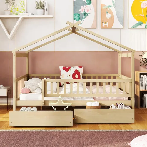 Vista 223 de Merax Cama de madera de tamaño individual con dos cajones, marco de cama de madera con techo para niños, adolescentes, niños o niñas, gris