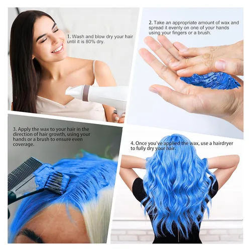 Vista 3 de Cera temporal de color azul para el cabello con cepillo de tinte, crema de peinado natural instantánea de 4.23 onzas, barro para colorear desechable