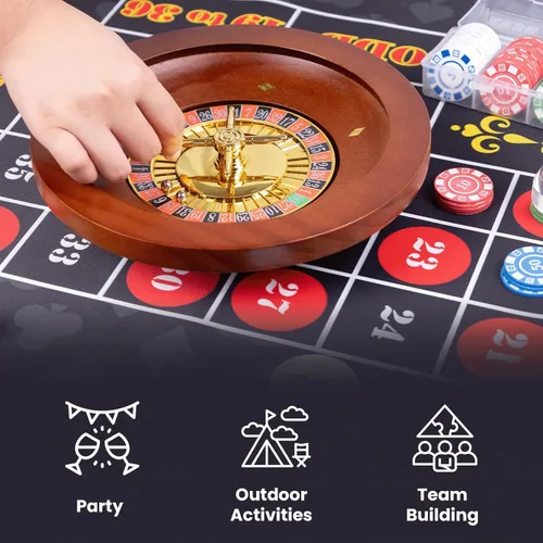 Vista 6 de WodGod Juego de ruleta y dados con alfombrilla de diseño de mesa de doble cara, rueda de ruleta de madera maciza de 10 pulgadas, 200 fichas