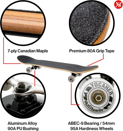 Vista 3 de Yocaher Poker Series Pro Complete Skateboard 7.75” x 31” – Double Kick Concave Deck, ABEC-9 Bearings, 54mm Wheels, Aluminum Alloy Trucks, BlackWidow