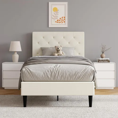 Vista 17 de HOMBCK Marcos de Cama Individuales para Niños, Marco de Cama Plataforma Tapizada Tamaño Individual con Cabecera Acolchada/Listones de Madera/No