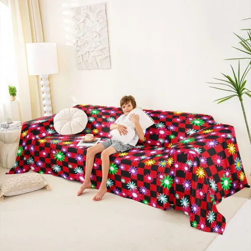 Vista 2 de Plaid Couch Cushion Covers for Large Dogs Boho Floral Rustic Couch Covers Red and Black Checkerboard Sofa Cover,Geometric Checkered Grid Cushion