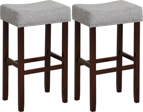 Vista 13 de ERGOMASTER Taburetes de silla de montar de 24 pulgadas de altura de mostrador, taburetes de bar tapizados, madera de goma maciza, asiento con Marrón