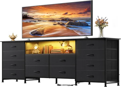 Vista 13 de Soporte de TV blanco para TV de 60, 65, 70 pulgadas, centro de entretenimiento con 8 cajones, mesa consola multimedia con parte superior de madera