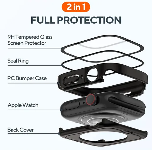 Vista 3 de Paquete de 2 fundas impermeables 2 en 1 para Apple Watch Series SE SE 6 5 4 40mm, borde recto de PC frontal y trasero con protector de pantalla