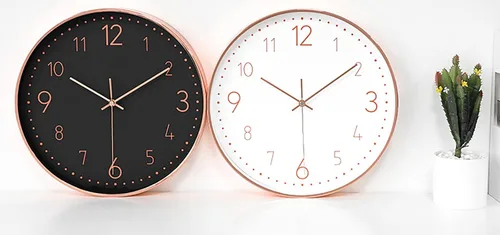 Vista 4 de Stephanie Imports Moderno reloj de pared silencioso de oro rosa sobre negro con tapa de cristal (esfera numérica)
